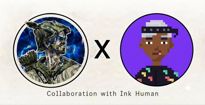 Collaboration announcement showing two circular profile images separated by an 'X' - a detailed blue-toned warrior on the left and a pixel art character with a white headband on a purple background on the right, labeled 'Collaboration with Ink Human'.