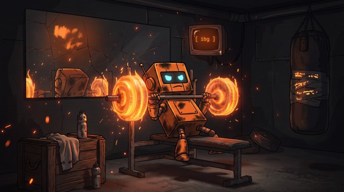 A robot burns with glowing hot spinning wheels for arms while lifting weights on a bench in a fiery gym, with a screen displaying "$IBG" in the background—matching the post's reference to the "$IBG Burn bot."