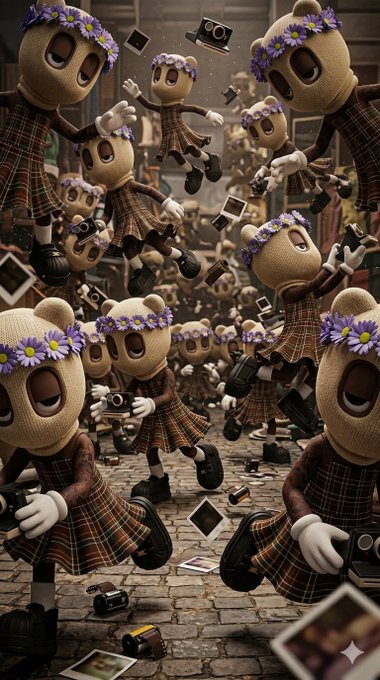 An AI-generated image showing multiple teddy bear-like figures with large hollow eyes, wearing plaid dresses and flower crowns, holding cameras in a chaotic city street.