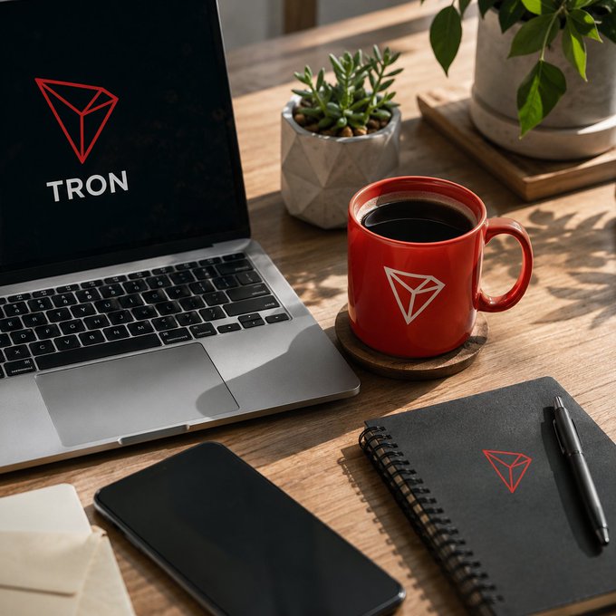 A wooden desk setup featuring a laptop and mug branded with the red 'TRON' cryptocurrency logo, accompanied by a matching notebook, pen, phone, and small potted plants.