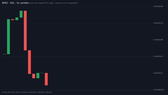 A 5-second candlestick chart for BIRD on the Solana network showing a sharp price decline from around 0.0000233 down to below 0.0000127 in late October 2025.