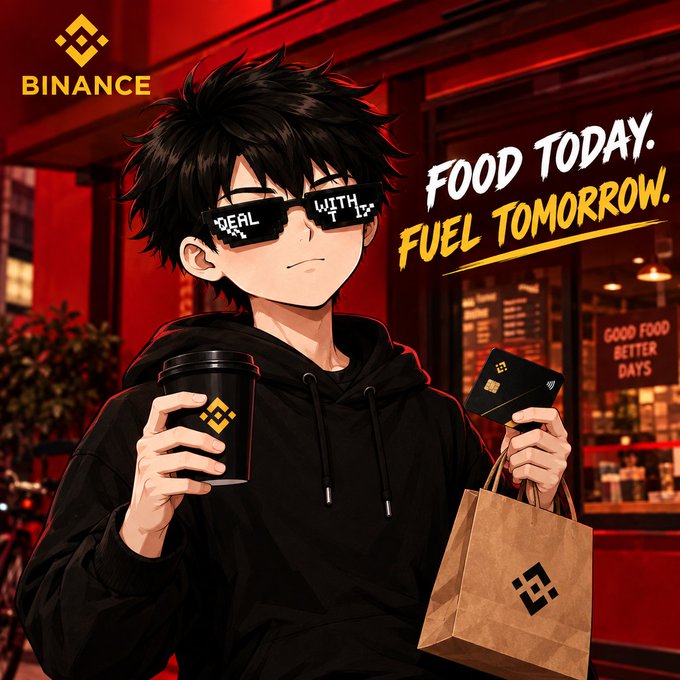 An anime-style Binance promotional illustration of a boy in a black hoodie wearing pixel sunglasses that read 'DEAL WITH IT', holding a coffee cup and a paper bag with the tagline 'FOOD TODAY. FUEL TOMORROW.'