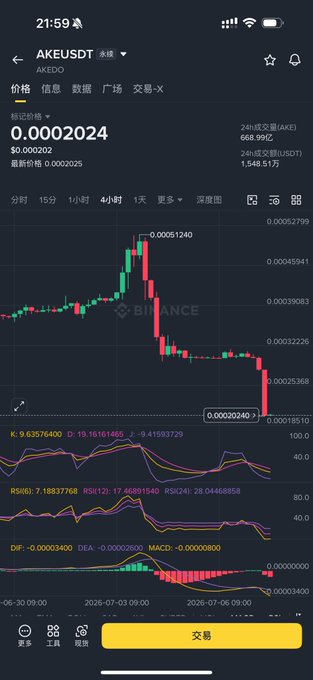 Binance trading chart screenshot for AKEUSDT perpetual contract showing price at 0.0002024 with candlestick data, KDJ, RSI, and MACD indicators on a 4-hour timeframe.