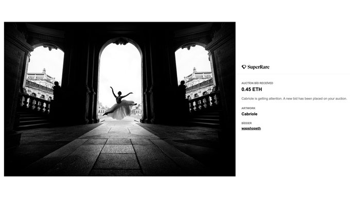A SuperRare NFT auction page for an artwork titled "Cabriole" by wasehoeth, currently receiving a bid of 0.45 ETH, featuring a black and white photo of a ballerina framed by arches.