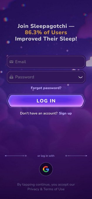 Mobile app login screen for 'Sleepagotchi' promoting that '86.3% of Users Improved Their Sleep!' with email/password fields and a Google sign-in option.