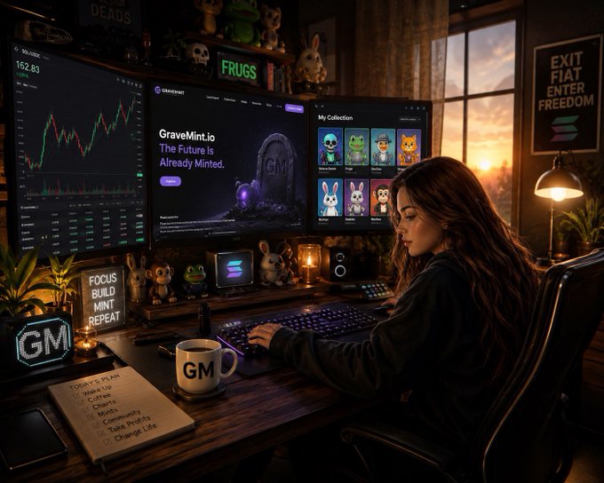 A digital artwork of a woman sitting at a desk with multiple monitors displaying cryptocurrency charts and NFT collections. Visible text includes 'GraveMint.io The Future Is Already Minted', 'FRUGS', 'EXIT FIAT ENTER FREEDOM', 'FOCUS BUILD MINT REPEAT', and a 'GM' mug.