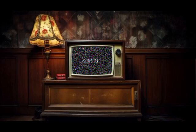 The image features a vintage television set sitting on top of an old wooden dresser or desk. The TV screen displays the text "OMO, NO SCROLL PASS THIS ONE." This message seems to be related to the Solana Summit Nigeria event that took place in August 2006 and is scheduled for next year. 

The image also includes a lamp with a floral shade placed on top of the dresser or desk. The background features a dark wall adorned with wallpaper, which complements the vintage feel of the television set.