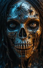 A close-up digital portrait of a face decorated with intricate metallic skull-like patterns and piercing blue eyes against a dark background.