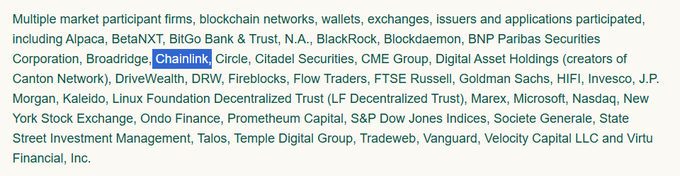 The image displays a list of prominent financial and blockchain firms participating in the DTCC Collateral AppChain initiative, with **Chainlink** highlighted among names like BlackRock, JPMorgan, Citi, Goldman Sachs, and the New York Stock Exchange. This relates to the post highlighting Chainlink's integration into DTCC's Collateral AppChain for asset valuation and collateral movement, while notably excluding Ripple ($XRP) from this production launch.