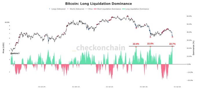 The image presents a close-up view of the Bitcoin trading graph that shows a line chart with peaks and troughs, indicating fluctuations in value over time. The post about Bitcoin's long liquidation dominance explains that Bitcoin has experienced a long period of steep price decline, which can be attributed to various factors such as market volatility or regulatory changes. This information is relevant for those interested in investing or trading Bitcoins, as understanding the historical trends and patterns helps them make more informed decisions regarding their investments or strategies in this dynamic market environment.
