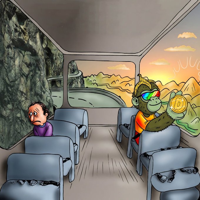 A cartoon scene inside a bus showing a sad man on the left side against a rocky background, while on the right side a smiling monkey character wearing rainbow sunglasses holds up a Dogecoin coin against a sunny landscape.