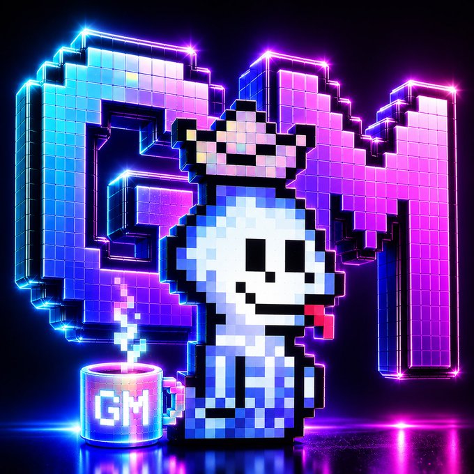 A pixelated ghost character with its tongue out sits beside a steaming "GM" mug in front of large neon "GM" lettering, visually reinforcing the post's repeated "GM" greeting to the @sartieshbar HBAR community.
