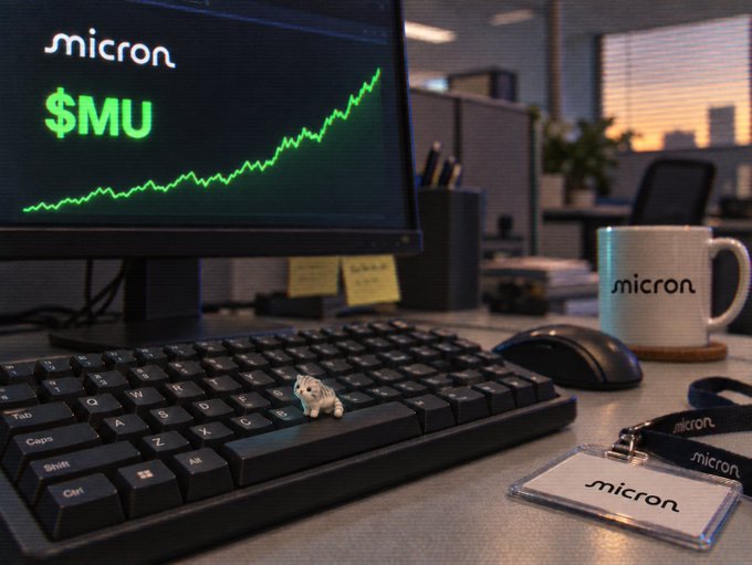 A desk setup with a monitor showing 'Micron $MU' with a rising stock chart, accompanied by a Micron mug, ID badge, and a small dog figurine on the keyboard.