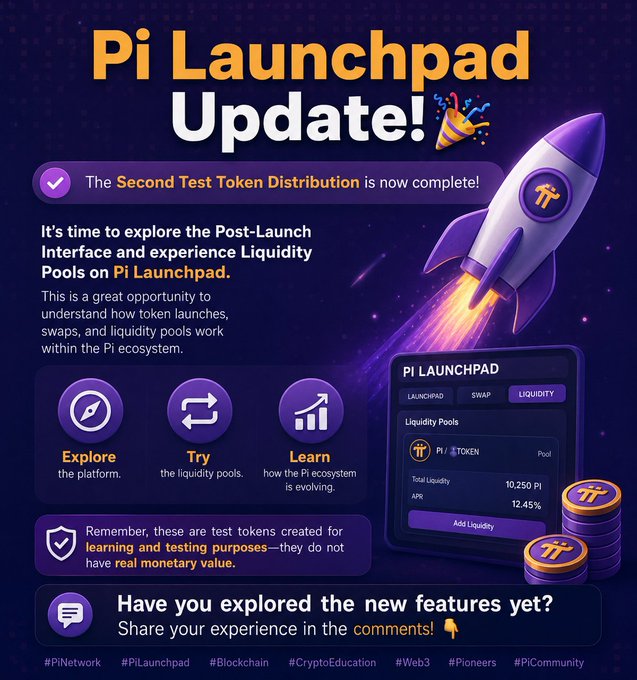 A promotional graphic for the Pi Launchpad announces the completion of the Second Test Token Distribution, featuring a rocket illustration and a 10,250 Pi liquidity pool (APR 12.45%) to encourage users to explore the platform's token swaps and liquidity features for learning purposes.
