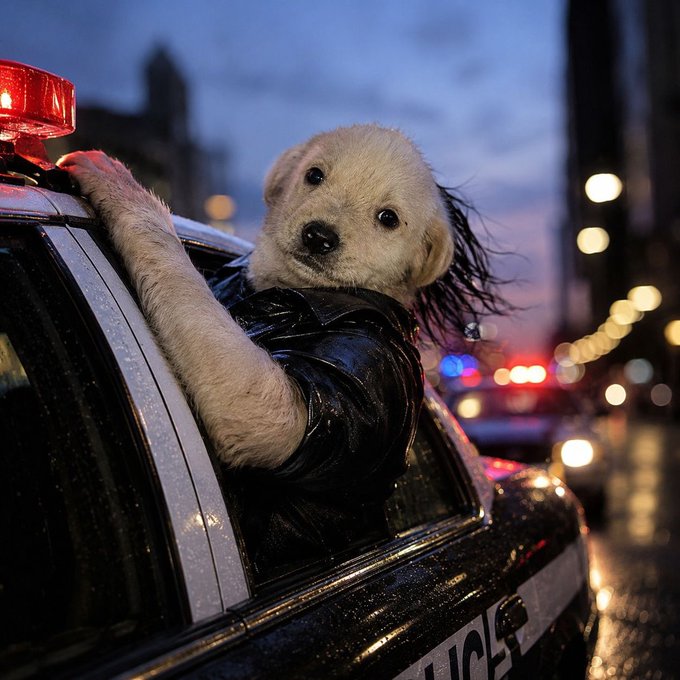 A golden retriever puppy wearing a black leather jacket leans out the window of a police car, with wet city streets and flashing red lights in the background, evoking a sense of a chaotic, rainy urban night. The image metaphorically captures the post's theme of a project in distress, with the puppy appearing vulnerable amid the turbulent scene of law enforcement and stormy weather, symbolizing the community's struggle and resilience.