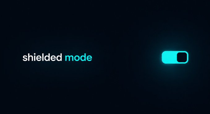 A dark interface displaying 'shielded mode' text next to a glowing teal toggle switch that appears to be activated.