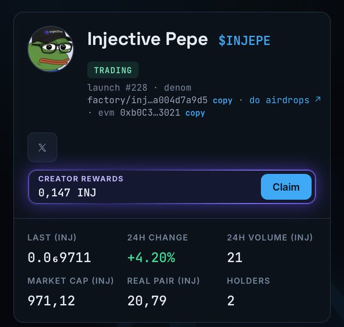 A crypto token trading interface for "Injective Pepe" ($INJEPE) showing launch details, 0.147 INJ creator rewards to claim, with a last price of 0.069711 INJ and +4.20% 24H change.