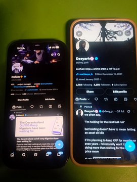 Two smartphones display X (formerly Twitter) profiles side by side on a green surface—the left shows "krak3n" and the right shows "Desyereb" (@desyereb), with their respective tweets and follower counts visible, supporting the caption's mention of meeting a mutual connection, as "Desyereb" appears to be someone the poster engaged with recently.