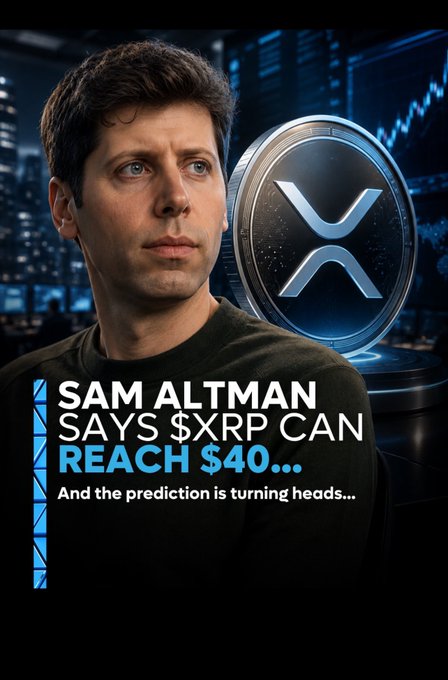 A YouTube-style thumbnail featuring Sam Altman next to a large XRP (XRP) coin, with text reading 'SAM ALTMAN SAYS $XRP CAN REACH $40... And the prediction is turning heads...'