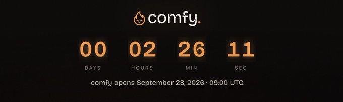 A countdown timer on a dark background displays '00 days, 02 hours, 26 min, 11 sec' with the Comfy logo and text 'comfy opens September 28, 2026 · 09:00 UTC'.