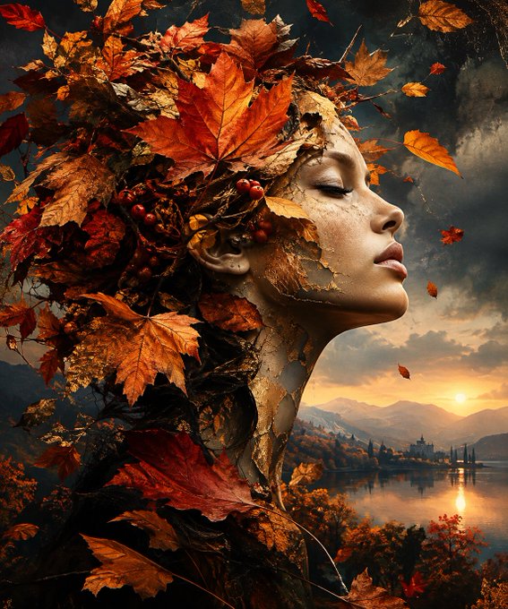 A surreal digital artwork depicting a woman's profile whose hair and form merge into autumn leaves and red berries, set against a sunset landscape with a lake and mountains.