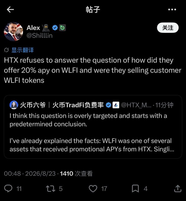 A screenshot of an X post by Alex (@Shilllin) criticizing HTX for not answering questions about offering 20% APY on WLFI and whether they were selling customer WLFI tokens, followed by a quoted response from HTX's official account.