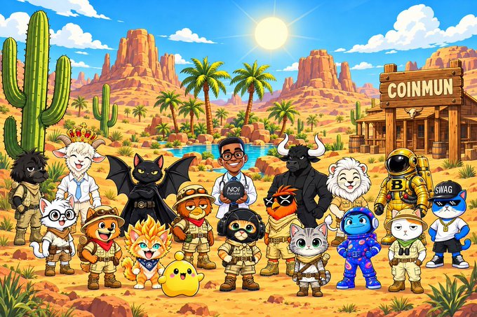 A cartoon illustration shows a group of anthropomorphic animal and human characters in safari outfits posing in a desert landscape with cacti and a saloon labeled 'COINMUN'.