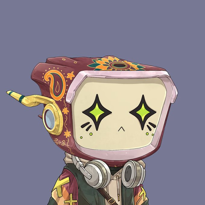 An illustrated character with a television-shaped head, star-shaped green eyes, a respirator mask, and decorative floral patterns on its casing.