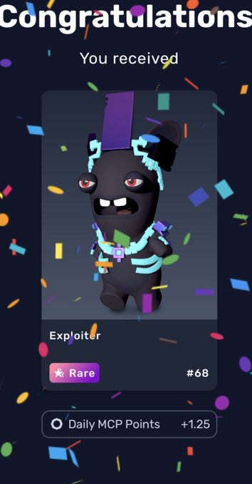 A congratulations screen displaying a rare NFT character named 'Exploiter' (#68) featuring a small black creature with glowing cyan accents, awarding +1.25 Daily MCP Points amid falling confetti.