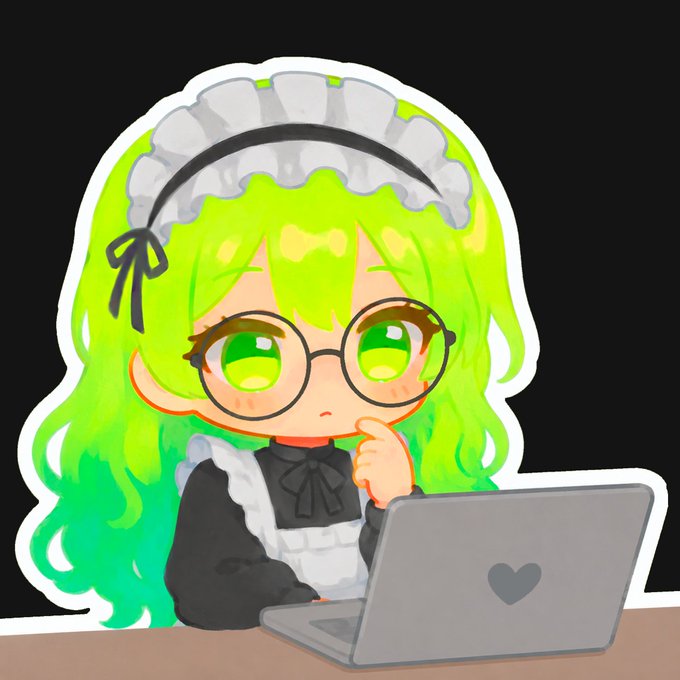 A chibi-style anime sticker of a green-haired maid with glasses using a laptop with a heart on the lid.