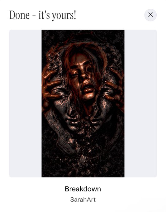 A dark, dramatic digital artwork titled "Breakdown" by SarahArt, depicting a face surrounded by hands in deep, moody red and black tones, confirming the artist's NFT collection on objkt.com.