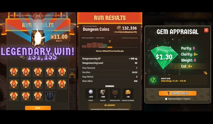 The image displays three game screens from Cambria showing a "LEGENDARY WIN! 131,133 x11.00 Multi" with Dungeon Coins totaling 132,336 from a dungeon run, and a "GEM APPRAISAL" screen showing a $1.30 emerald with B/A+/B/A+ stats (Purity, Clarity, Weight, Cut), aligning with the post about enjoying both a dungeon run and gem appraisal after fishing.
