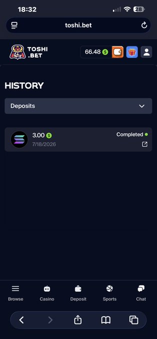 The image shows a Toshi.bet account balance of $66.48, with a recent deposit of $3.00 completed on 7/18/2026. This relates to the post by showcasing the successful outcome of betting on Toshi.bet.