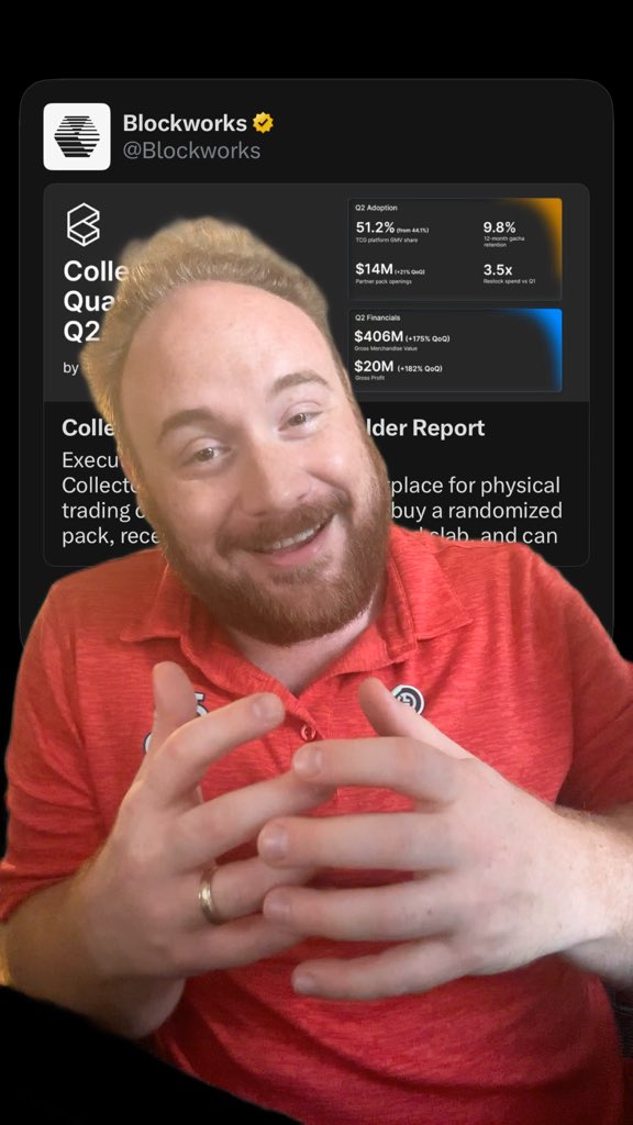 Video screenshot of a Blockworks post analyzing a Collectors Quarter Q2 report (showing 51.2% Q2 Adoption and $406M Q2 Financials), with a man in a red polo shirt gesturing in the foreground.