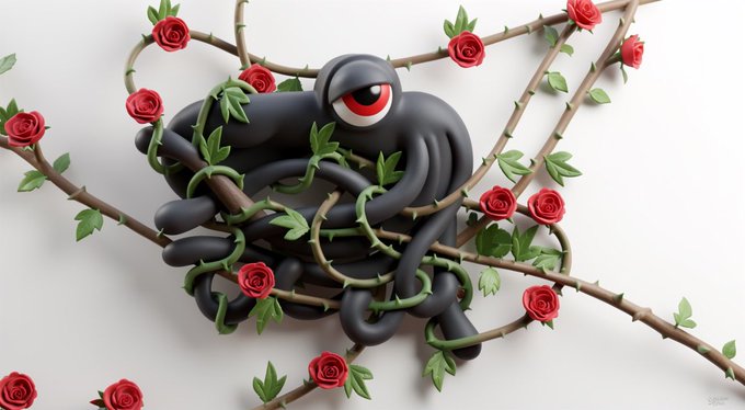 A stylized clay-like sculpture of a black fish-like creature entwined among thorny rose vines with red blossoms appears to represent the CuddleFish NFT collection, with no visible text in the image itself. The organic, tangled composition of the fish and roses visually echoes the post's reference to artistic NFTs and the CuddleFish brand.