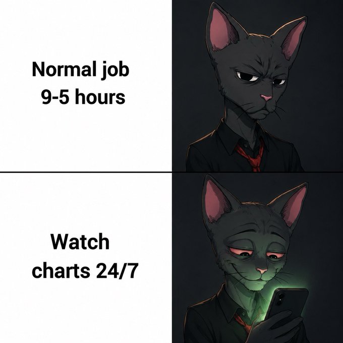 A two-panel meme featuring a dark-haired cat character contrasts a normal 9-5 job (showing the cat looking stoic and professional) with the crypto lifestyle of watching charts 24/7 (showing the cat bloodshot-eyed and exhausted, illuminated by the glow of a phone screen)—capturing the sleepless, obsessive reality of a trader echoing the post's lament about losing normalcy to constant market-watching.