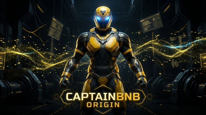 A digital illustration of a futuristic yellow and black armored superhero character with glowing blue eyes, labeled 'CAPTAINBNB ORIGIN' in stylized gold text against a dark, high-tech background.