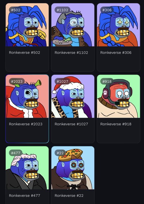 A grid of NFT avatars featuring blue gorilla-like characters labeled 'Ronkeverse' with various styles and numbered IDs including #502, #1102, #306, #2023, #1027, #918, #477, and #22.