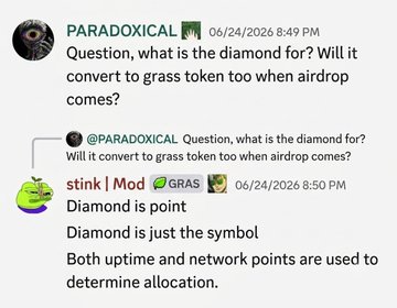 A screenshot of a Discord conversation where user @PARADOXICAL asks what diamonds are for in Grass, and moderator stink clarifies that diamonds are just a symbol representing points, with both uptime and network points determining airdrop allocation.