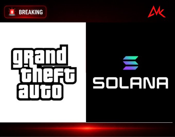 Breaking news-style graphic featuring the Grand Theft Auto logo alongside the Solana logo with a 'BREAKING' alert badge in the corner.