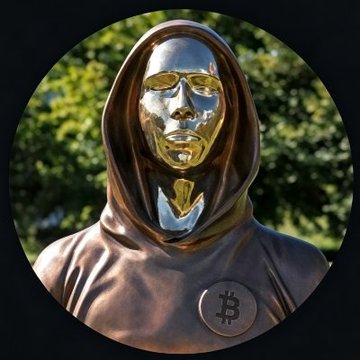 A 3D rendering of a figure in a bronze-colored hoodie with a highly reflective gold face mask and a Bitcoin symbol on the chest, set against a dark background with blurred green foliage.