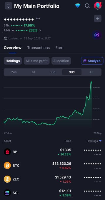 A mobile app screenshot showing a crypto portfolio overview with a 90-day price chart and holdings including BP, BTC, ZEC, and SOL with their respective prices and 24-hour changes.