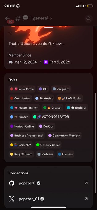 The image shows a phone screen with a list of roles, including inner circle and OG positions, as well as some other roles that have been bagged by @ActionModelAI. The post mentions five months since joining the server, which implies that the person has been active for quite some time. The image also includes a caption about the balance in the AP leaderboard, indicating that the person's achievements are being recognized and valued within the server community.