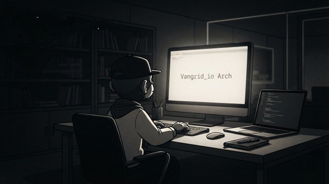 An illustrated scene shows a person in a cap working at a computer desk in a dark room, with a monitor displaying the text 'Vangrid .io Arch'.