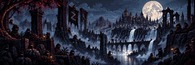 A fantasy pixel art scene depicts a moonlit kingdom with waterfalls, archways, a banner with the number '2', and small figures roaming the landscape.