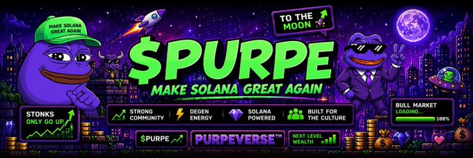 A vibrant crypto meme banner for "$PURPE" features a purple Pepe-style frog wearing a green "MAKE SOLANA GREAT AGAIN" cap alongside a suited frog with sunglasses, set against a cosmic cityscape with rockets and neon text promoting "TO THE MOON," "PURPEVERSE™," and "BUILT FOR THE CULTURE." The image reinforces the post's bullish sentiment around $PURPE by leaning into its Solana-based, meme-driven "Make Solana Great Again" narrative.