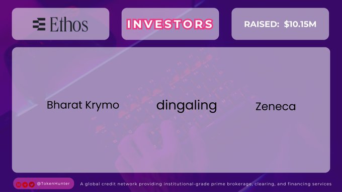 A digital slide titled "INVESTORS" for Ethos (TokenHunter), showing names including Bharat Krymo, dingaling, and Zeneca, with $10.15M raised.
