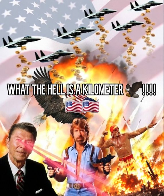 This chaotic "Murica"-style meme image features Chuck Norris flanked by Ronald Reagan (with glowing red laser eyes) and a muscular American flag-themed warrior, with F-15 fighter jets dropping dollar coins over an American flag backdrop amid massive explosions. The bold text "WHAT THE HELL IS A KILOMETER 🦅!!!!" mocks Americans' resistance to the metric system. 

The image humorously ties to the post because the user wants X (formerly Twitter) Money available in Asia, but the meme implies their American friends are too busy being patriotic, fighting metric measurements, and engaging in over-the-top "Murica" chaos to respond to their message.