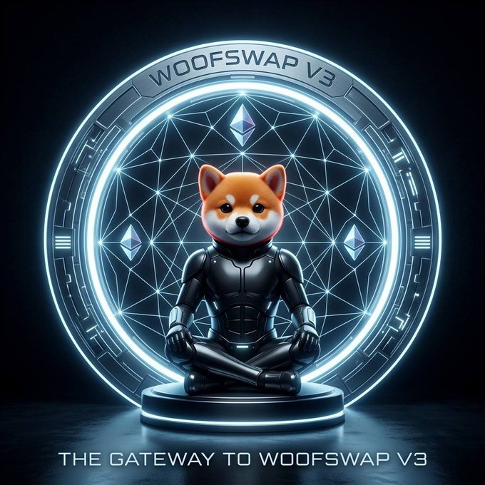 The image features a robotic Shiba Inu dog meditating within a glowing circular portal labeled "WOOFSWAP V3," with the tagline "THE GATEWAY TO WOOFSWAP V3" displayed at the bottom. This visually reinforces the post's theme of faith in meme coin ecosystems, presenting a futuristic, ritualistic Shiba as the symbolic entry point to the WooFSwap V3 platform tied to the $SHIB/$PUPPY community.