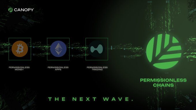 A dark green promotional graphic for Canopy featuring icons for 'Permissionless Money' (Bitcoin), 'Permissionless Apps' (Ethereum), and 'Permissionless Trading,' with the tagline 'The Next Wave.'